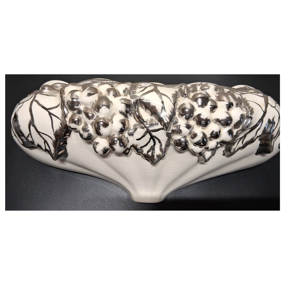 Vintage Arnels Ceramic Wall Pocket Planter Silver Metallic Grapes White 14.5in